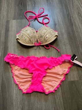 Beige Embellished Bikini Top & Hot Pink Ruffled Bottoms
